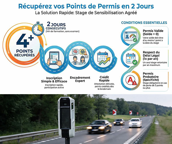 infographie stage de récupération de points permis en 2 jours avec 4 points récupérés